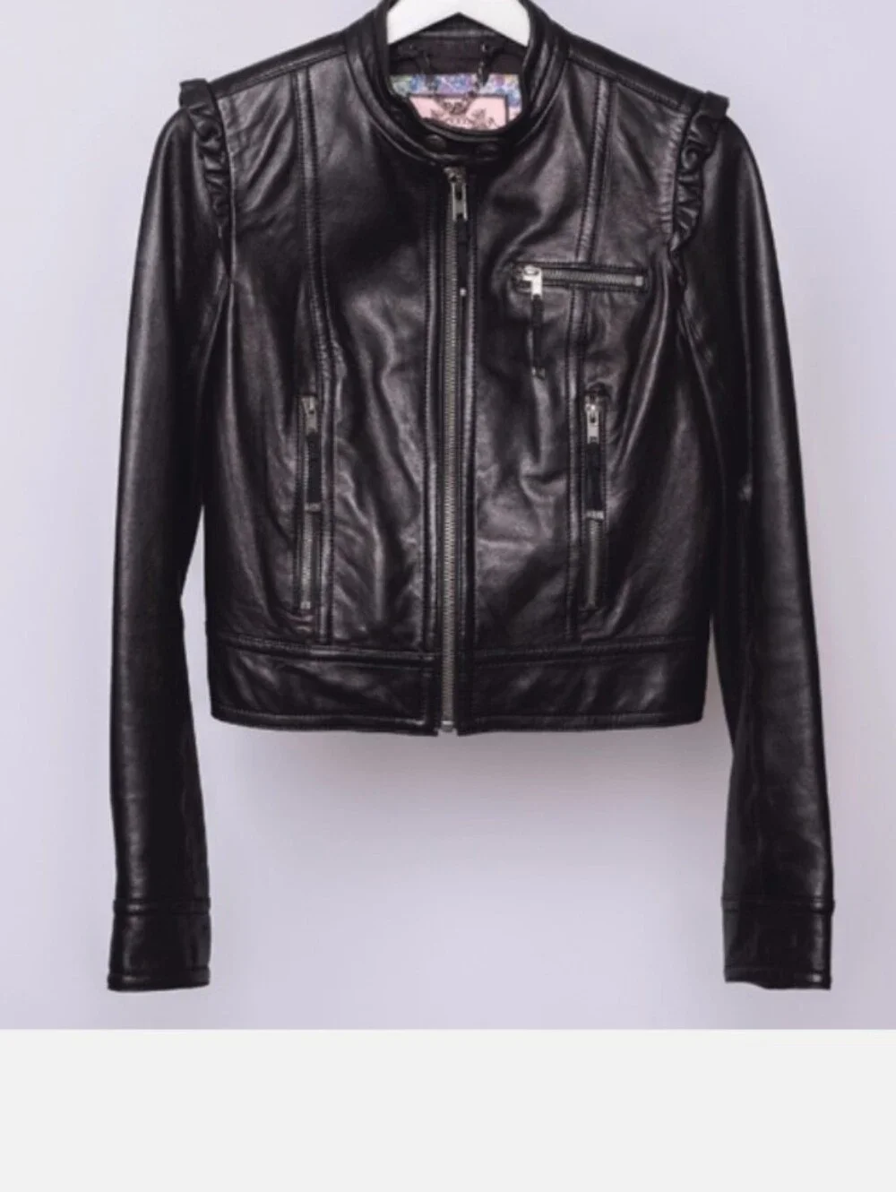 Juicy Couture Leather Ruffle Shoulder Moto Jacket Vintage Y2K - Picture 2 of 12